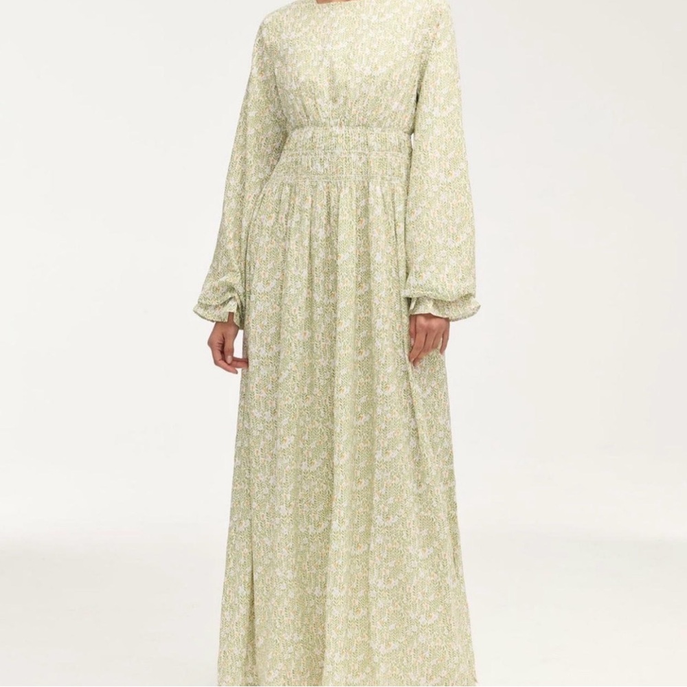 Light Green Floral Long Sleeve Maxi Dress Veiled